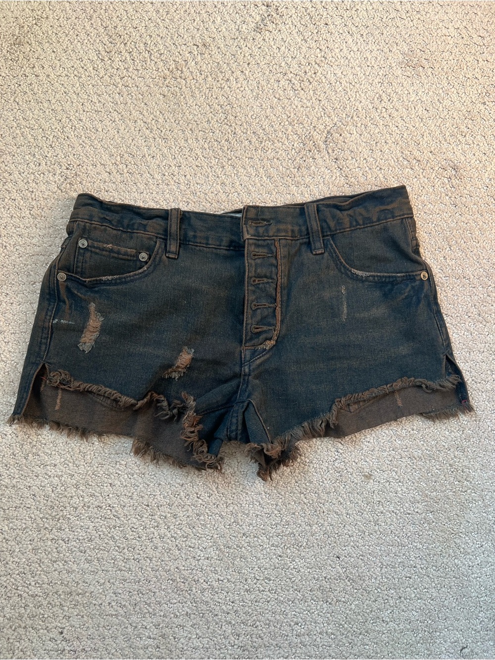 Free People Black Distressed Button-Front Denim Shorts